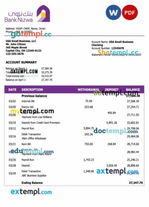 Omani Bank Nizwa firm statement Word and PDF template