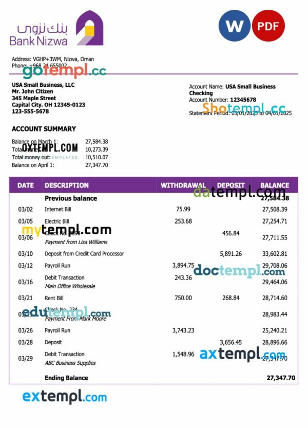 Omani Bank Nizwa firm statement Word and PDF template