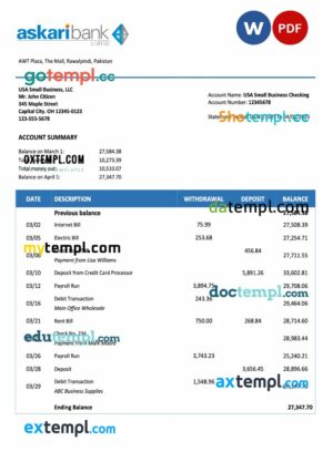 Pakistan Askari Bank business checking account statement Word and PDF template