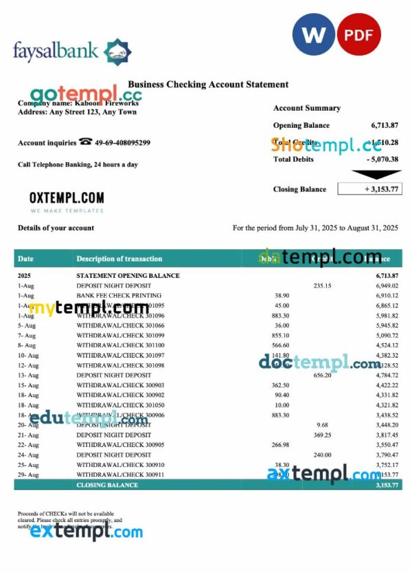 Pakistan Faysal firm account statement Word and PDF template