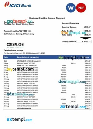 Pakistan ICICI firm account statement Word and PDF template