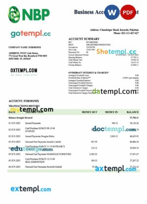 Pakistan NBP business checking account statement Word and PDF template