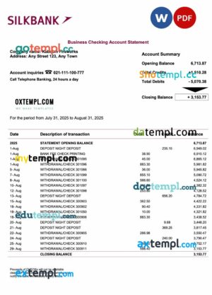 Pakistan Silkbank firm account statement Word and PDF template
