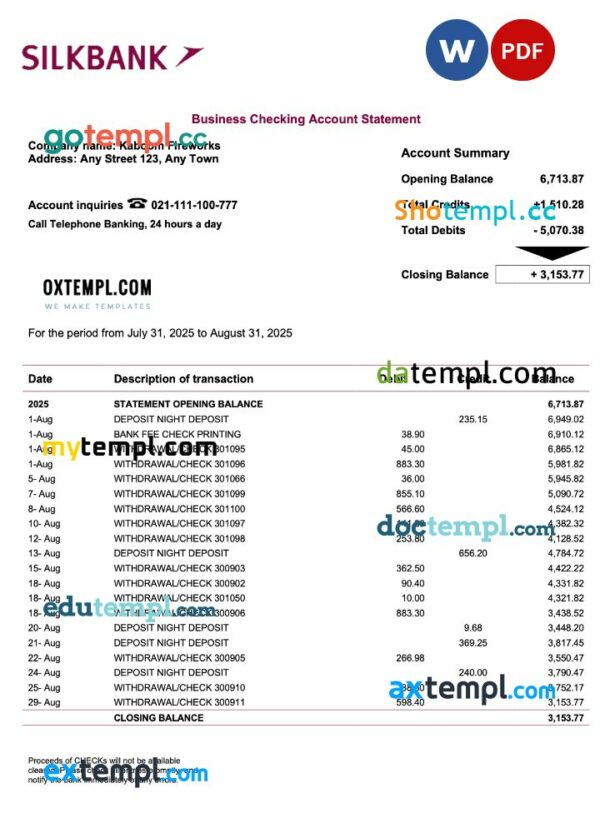 Pakistan Silkbank firm account statement Word and PDF template