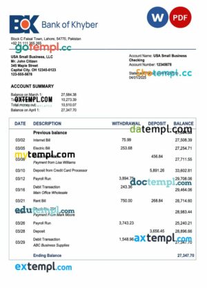 Pakistan The Bank of Khyber enterprise account statement Word and PDF template