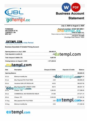 Pakistan UBL enterprise account statement Word and PDF template