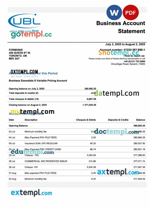 Pakistan UBL enterprise account statement Word and PDF template