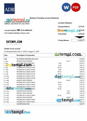 Palau ADB corporate checking account statement Word and PDF template