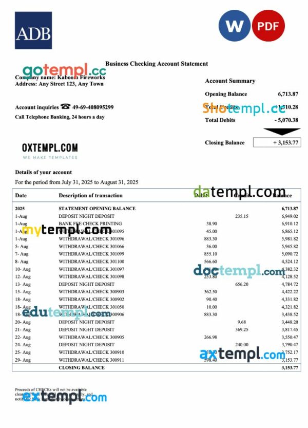 Palau ADB corporate checking account statement Word and PDF template