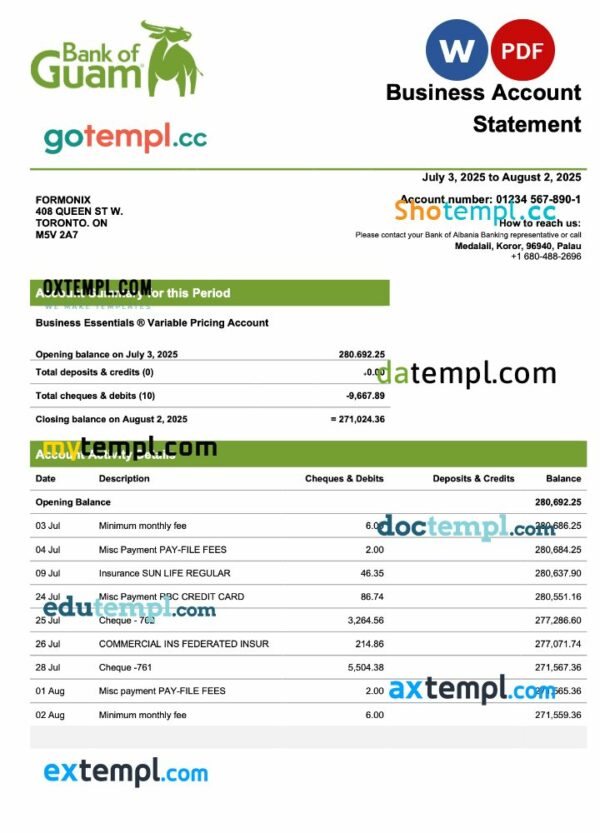 Palau Bank of Guamanian company checking account statement Word and PDF template