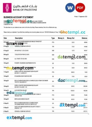 Palestinian Bank of Palestinian company checking account statement Word and PDF template