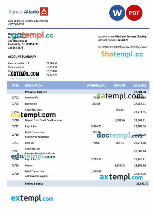 Panama Banco Aliado company checking account statement Word and PDF template