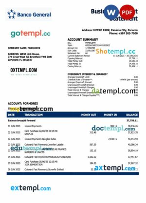 Panama Banco General enterprise account statement Word and PDF format
