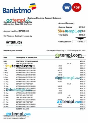 Panama Banistmo bank company checking account statement Word and PDF template