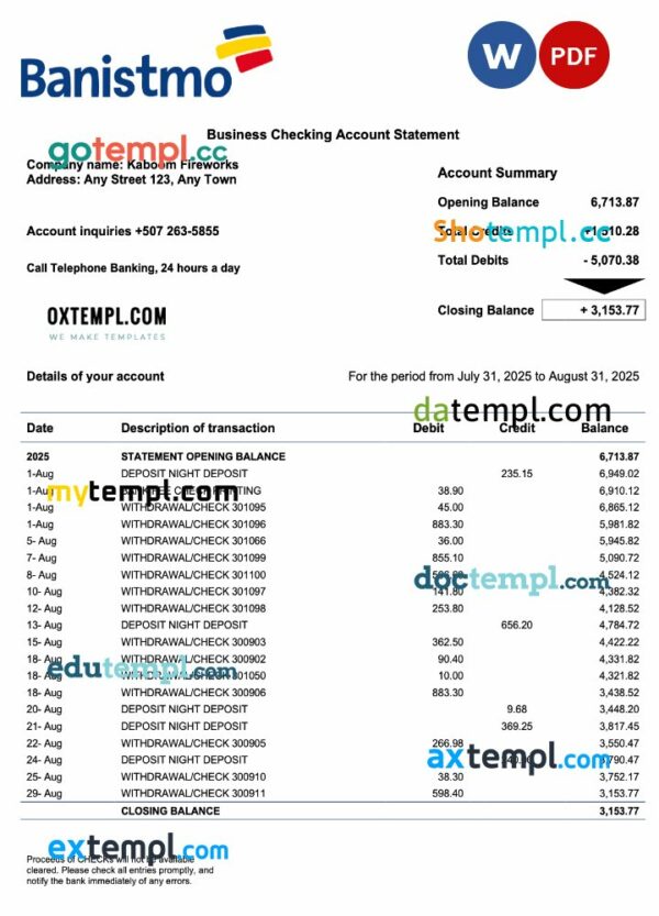 Panama Banistmo bank company checking account statement Word and PDF template