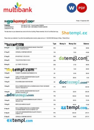 Panama Multibank organization checking account statement Word and PDF template