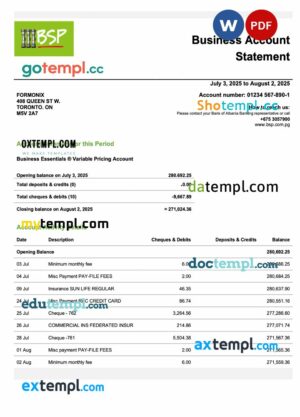 Papua New Guinea BSP firm checking account statement Word and PDF template