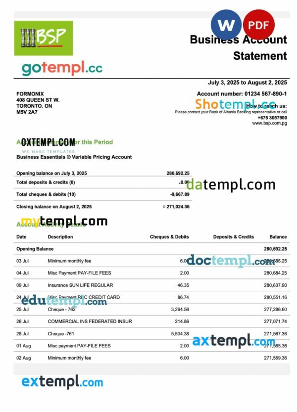 Papua New Guinea BSP firm checking account statement Word and PDF template