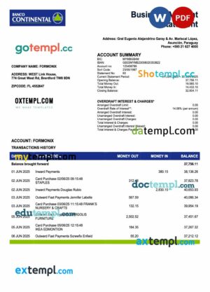Paraguayan Banco Continental S.A.E.C.A. bank firm account statement Word and PDF template