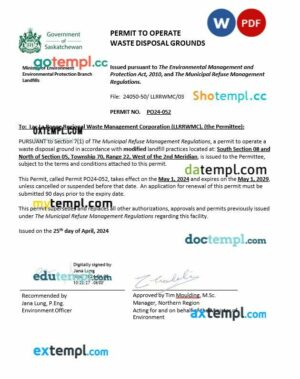 Canada Saskatchewan Permit to operate waste disposal grounds in Word and PDF format