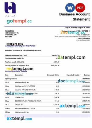 Persian Bank Saderat Persian firm account statement Word and PDF template