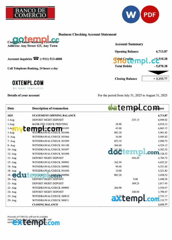 Peruvian Banco de Comercio enterprise statement Word and PDF template