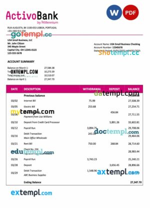 Portugal Activobank company checking account statement Word and PDF template