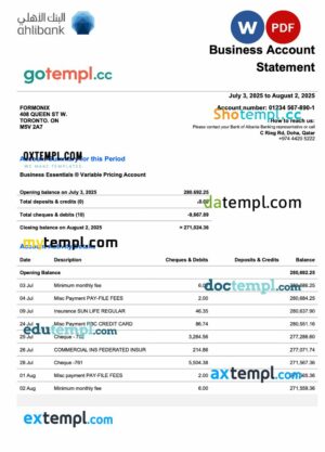 Qatar Ahlibank business firm statement Word and PDF format