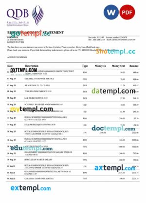 Qatar Development organization checking account statement Word and PDF template