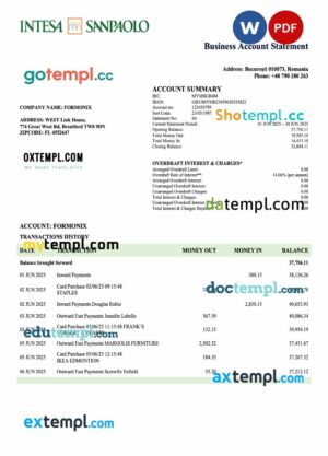 Romania Intesa Sanpaolo business account statement Word and PDF template
