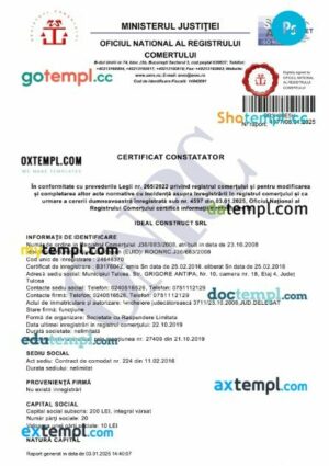 Romania Ministerul Justiţiei Oficiul National Al Registrului Comertului company certificate PSD template