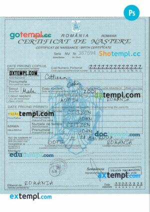 Romania birth certificate in PSD format, version 2