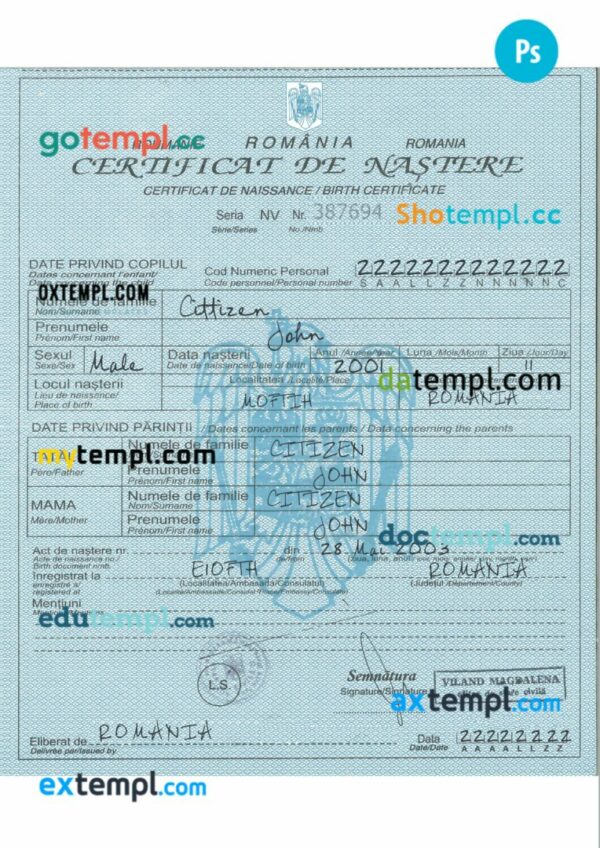 Romania birth certificate in PSD format, version 2