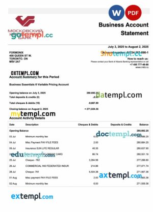 Russia Credit bank of Moscow organization checking account statement Word and PDF template