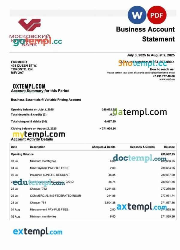 Russia Credit bank of Moscow organization checking account statement Word and PDF template
