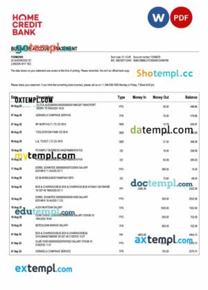 Russia Home Credit firm account statement Word and PDF template