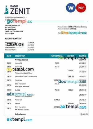 Russia Zenit company checking account statement Word and PDF template