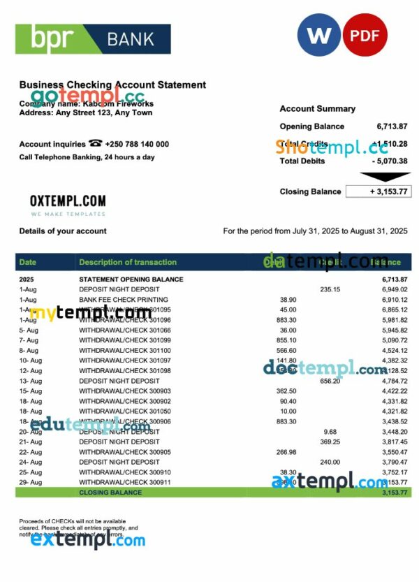 Rwanda BPR company checking account statement Word and PDF template