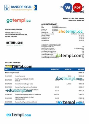 Rwanda bank of Kigali organization checking account statement Word and PDF template