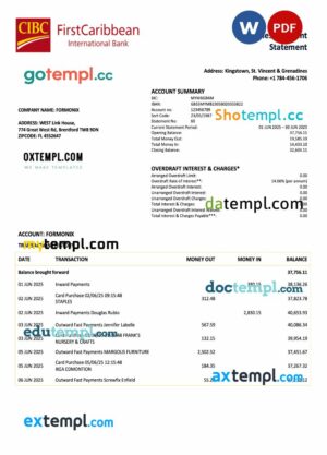 Saint Vincent and The Grenadines Firstcaribbean International firm account statement Word and PDF template