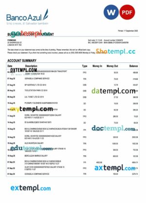 Salvador Banco Azul firm account statement Word and PDF template