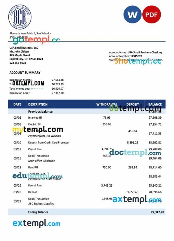 Salvadoran Banco Central de Reserva de Salvadoran firm account statement Word and PDF template