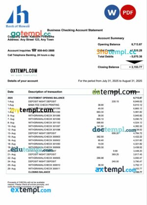 Samoa Bank of Hawaii business account statement Word and PDF template