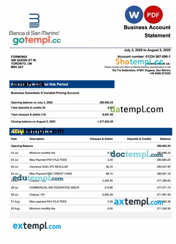 San Marino Banca di San Marino company statement Word and PDF template