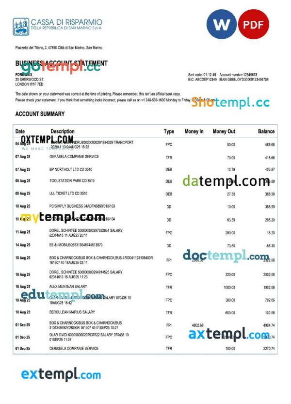 San Marino Cassa di Risparmio bank firm account statement Word and PDF template