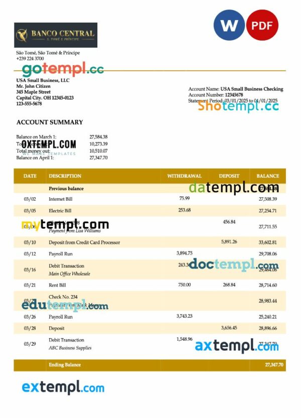 Sao Tome and Principe Banco Central de S.Tome e Principe firm account statement Word and PDF template