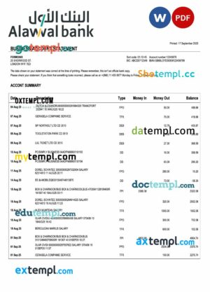 Saudi Arabia Alawwal organization checking account statement Word and PDF template