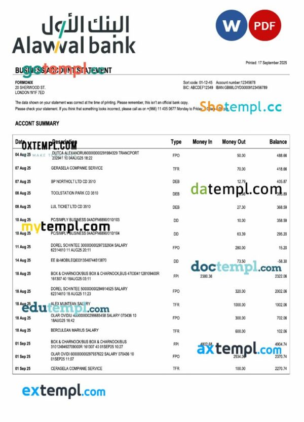 Saudi Arabia Alawwal organization checking account statement Word and PDF template