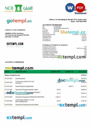 Saudi Arabia NCB business account statement Word and PDF template