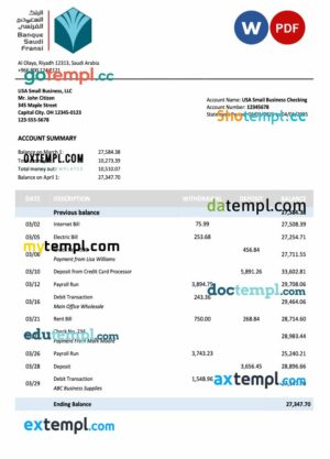 Saudi Arabian Banque Saudi Fransi organization checking account statement Word and PDF template